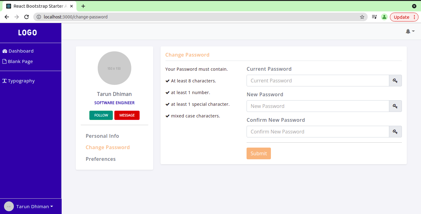 Change Password page screenshot